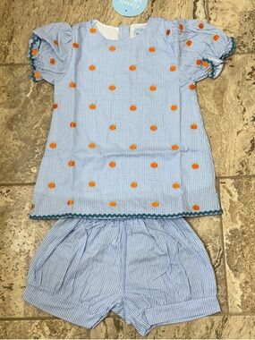 NWT Size 8 Classic Whimsy Blue Gingham Two-Piece Set with Pumpkin Embroidery